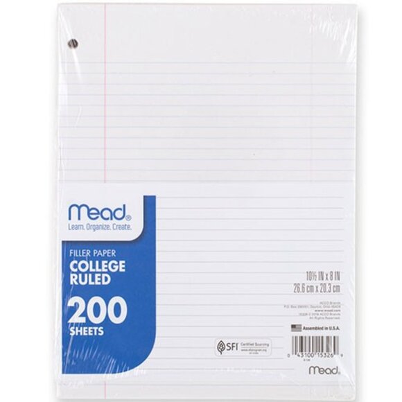 Mead Filler Paper 8"X10-1/2" College Ruled 200 Sheets White School Office Home - Picture 1 of 4
